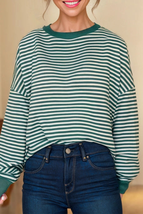 Green Striped Loose Fit Long Sleeve