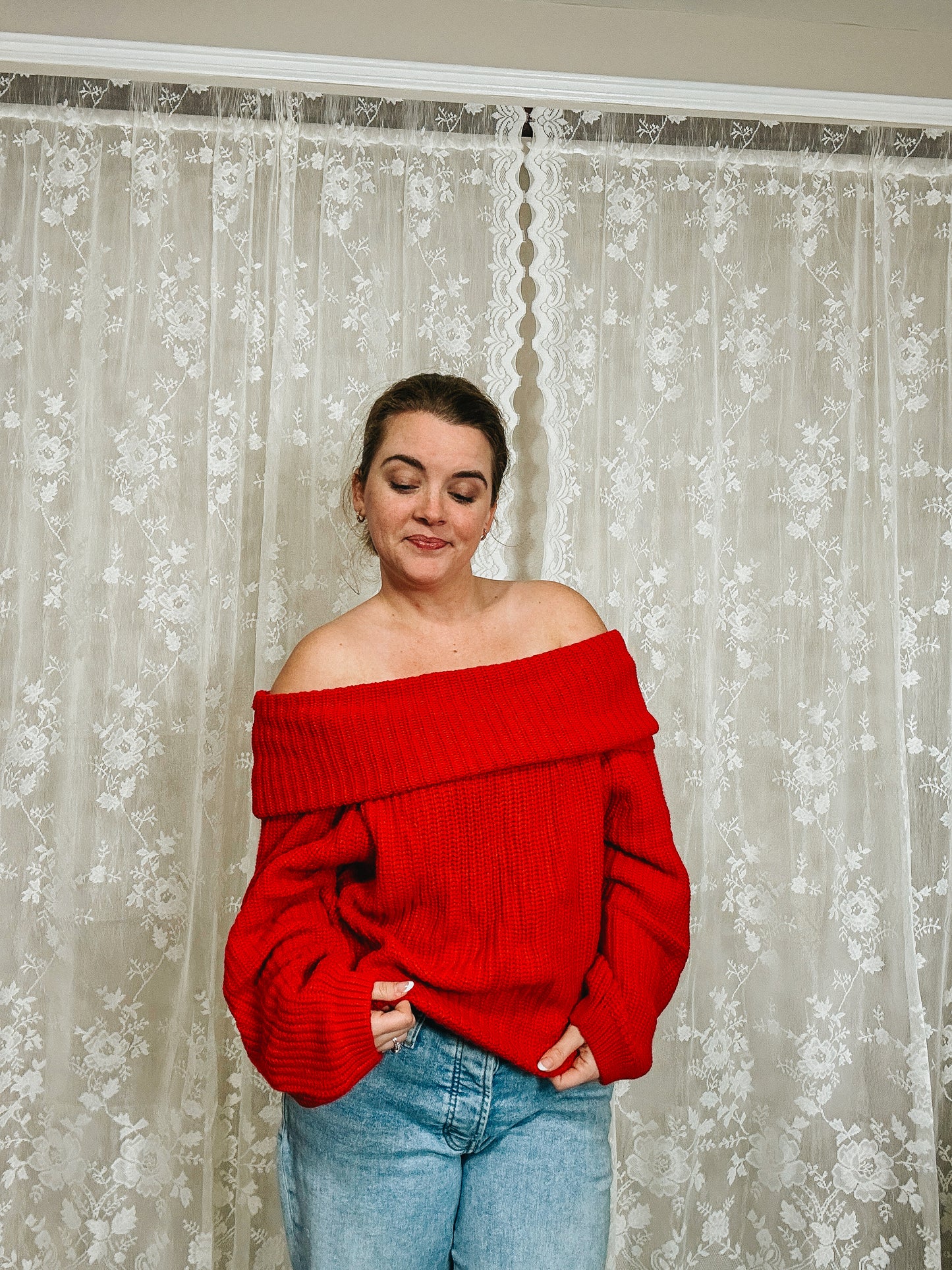 Red off the shoulder sweatshirt
