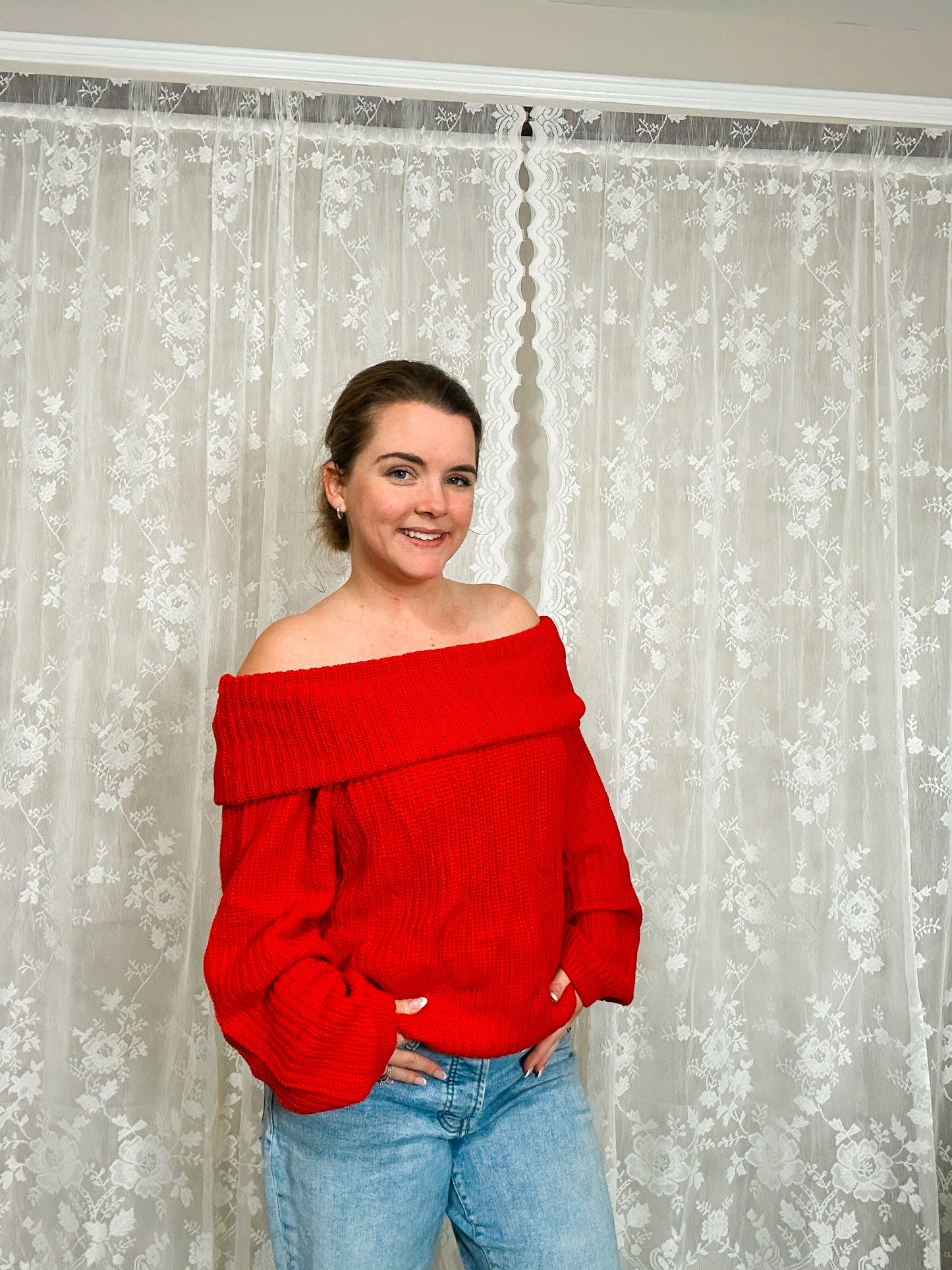 Red off the shoulder sweatshirt