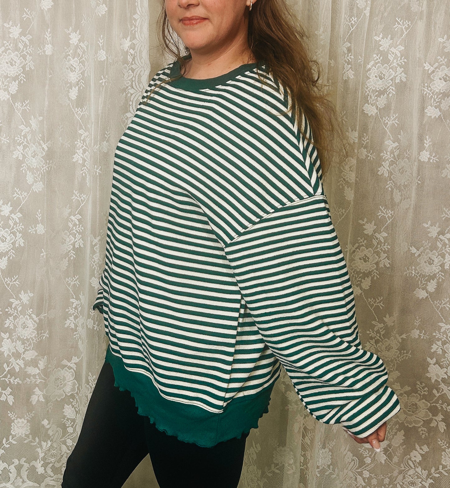 Green Striped Loose Fit Long Sleeve