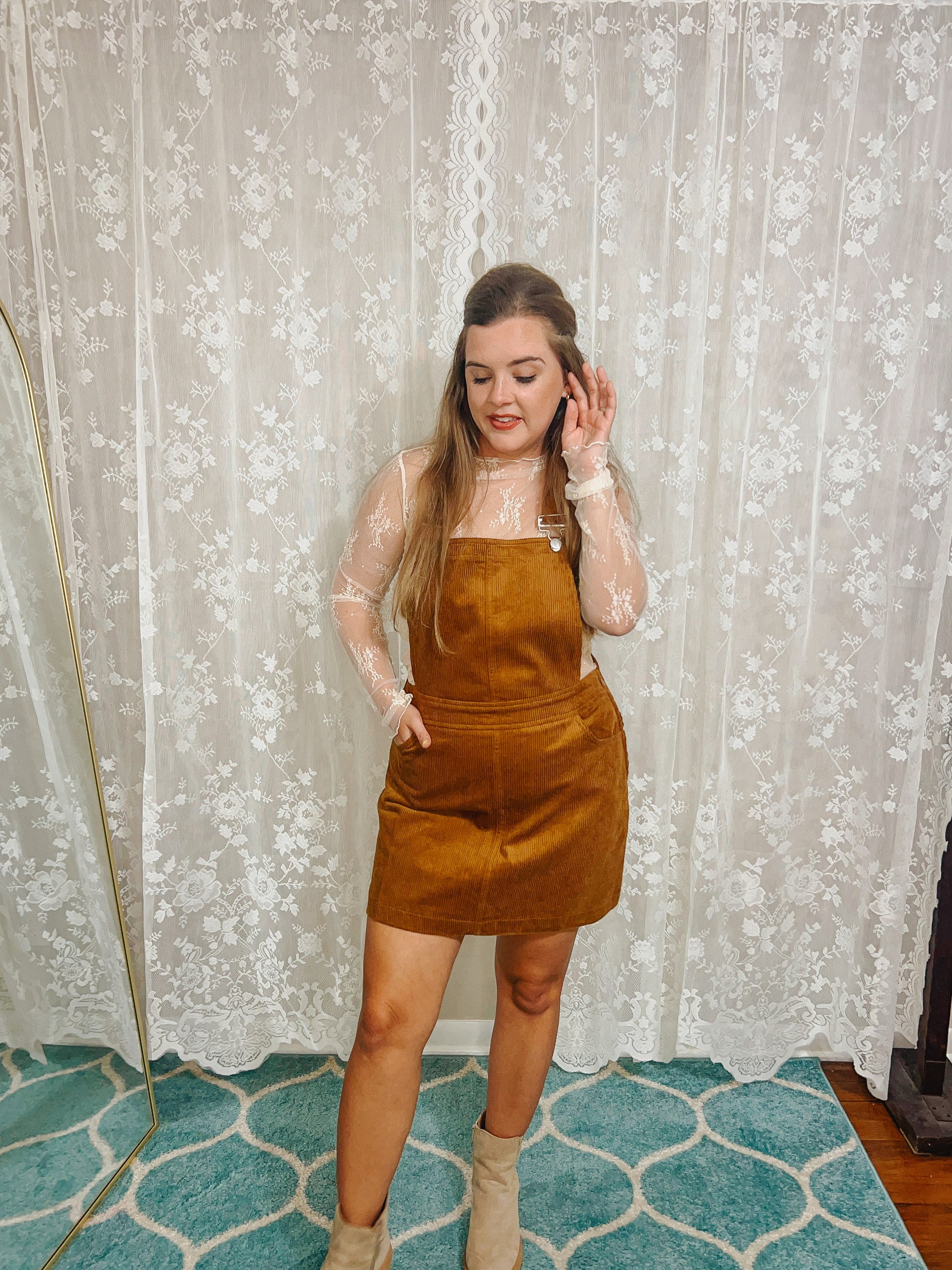 corduroy brown overall dress Brown Corduroy Patch Pocket Mini Overall Dress