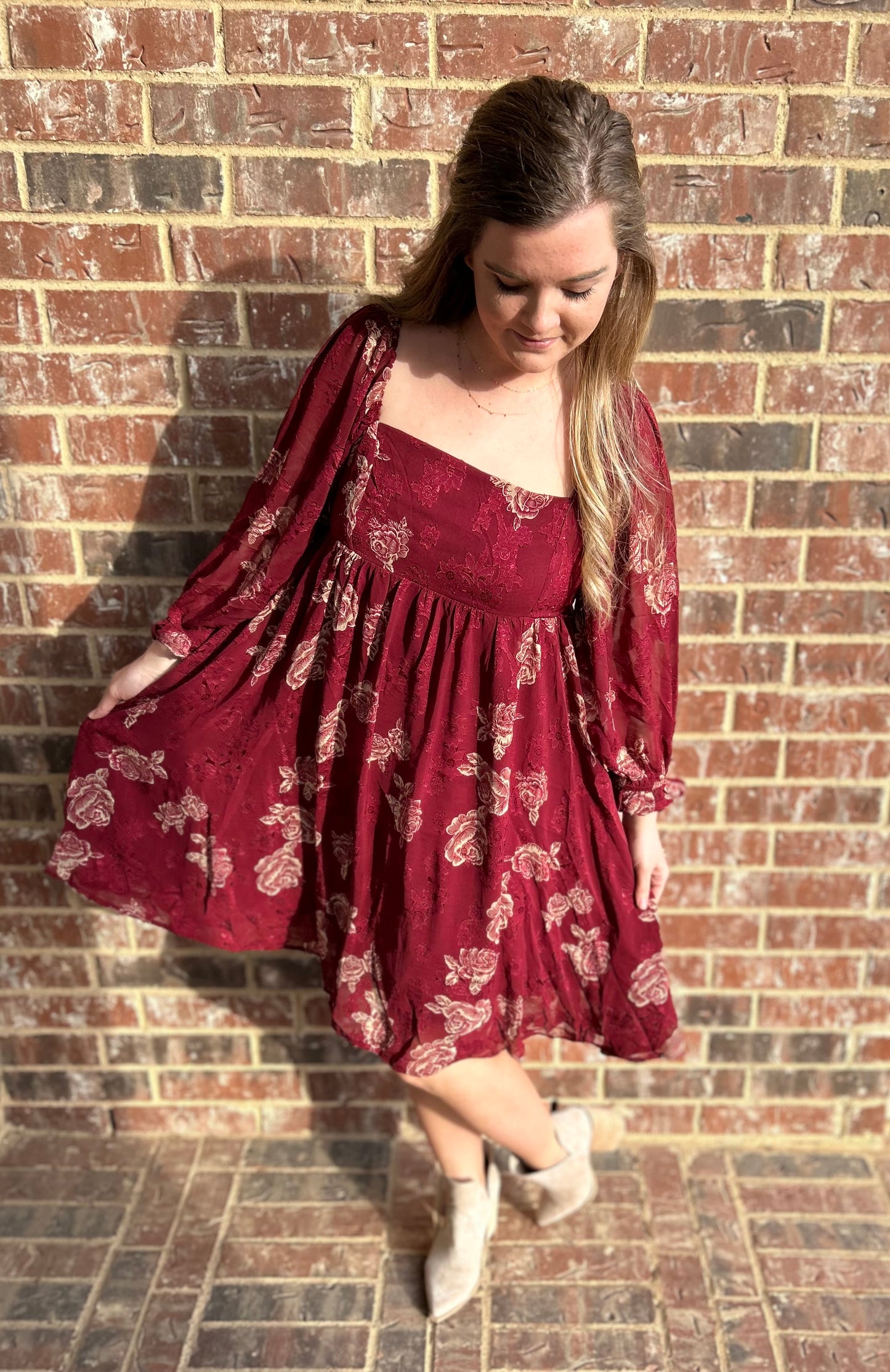 Burgundy Floral Babydoll Dress