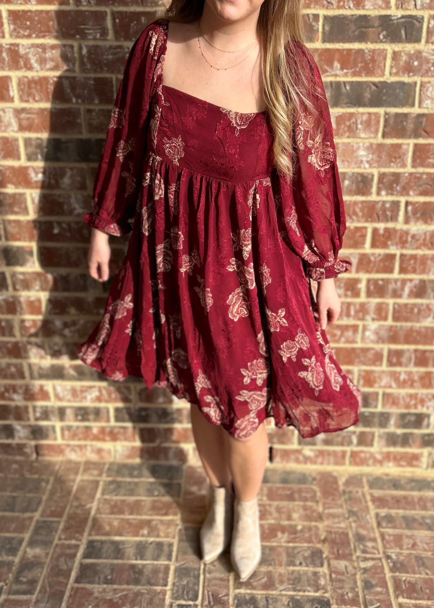 Burgundy Floral Babydoll Dress