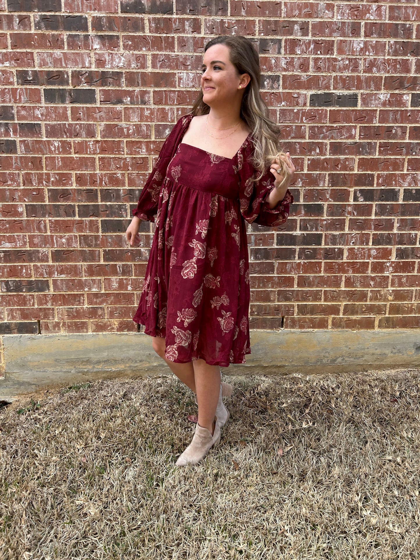 Burgundy Floral Babydoll Dress