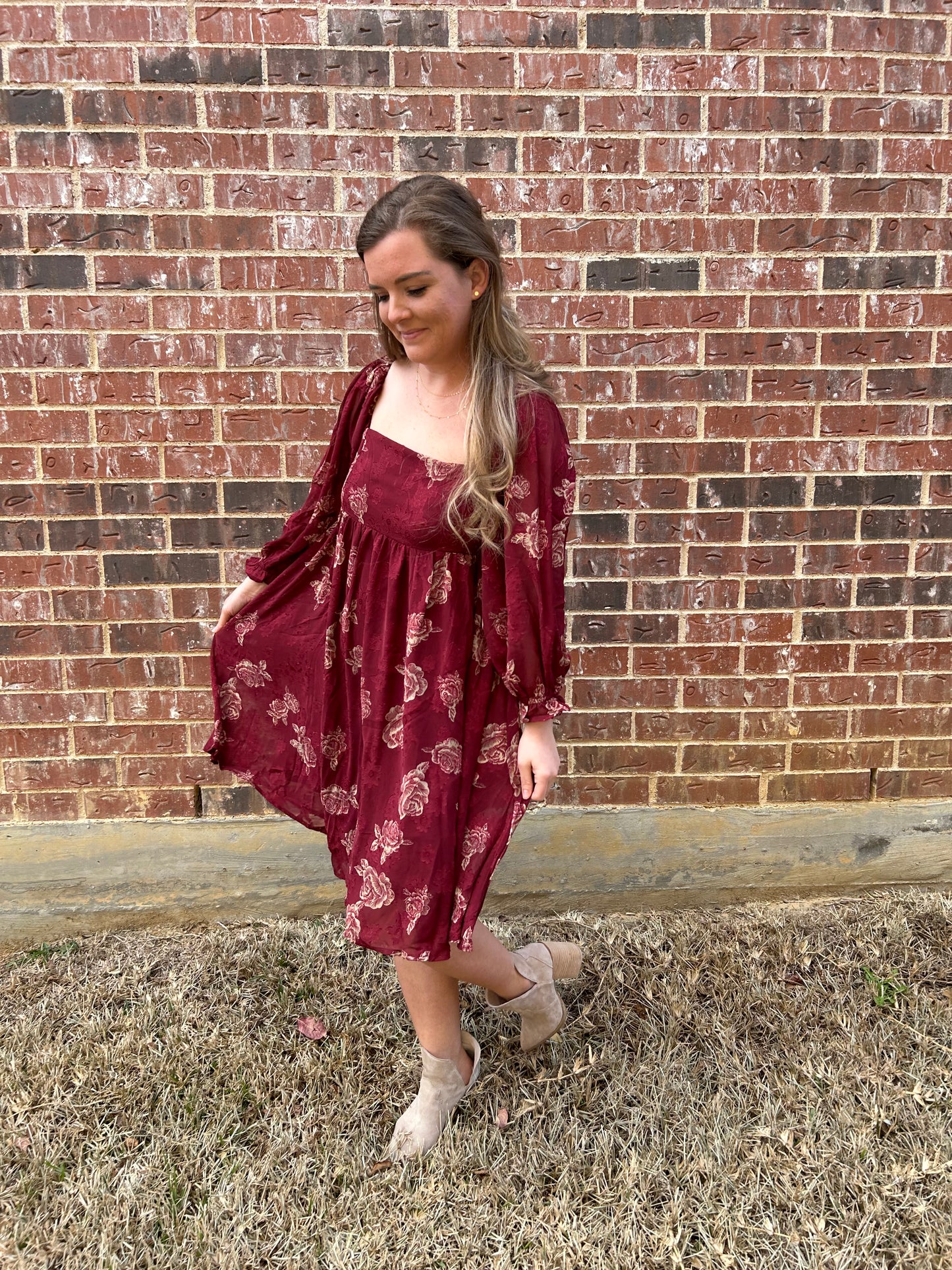 Burgundy Floral Babydoll Dress